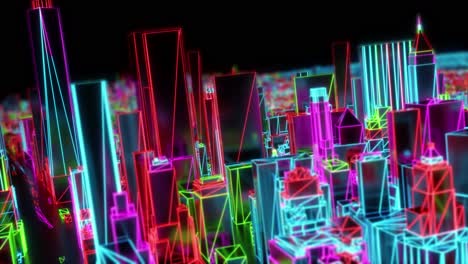 City-neon-glowing-DOF-model-New-York-NYC-flyover-wireframe-skyscraper-80s-4k